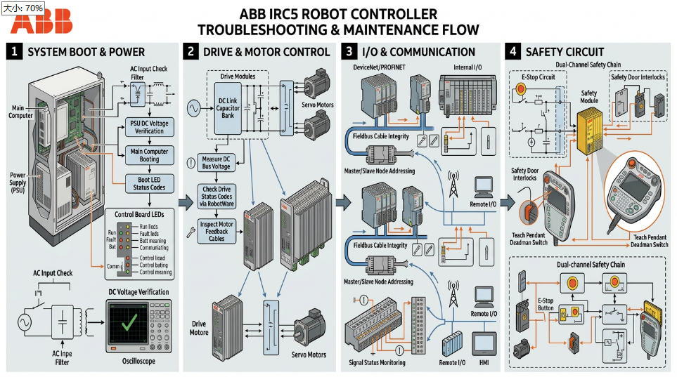 ABB机器人控制器维修流程：IRC5启动、驱动、I/O与安全回路排查